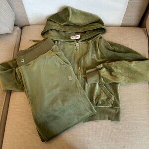 Juicy Couture Diamante Velour Tracksuit Zip Hoodie & Pant Mosstone Green Set
